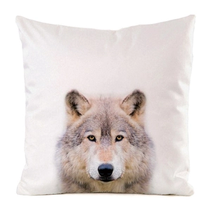 Detailed close-up of realistic wolf portrait on faux silk decorative pillow cover
