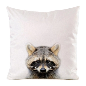 Detailed close-up of realistic raccoon print on a white square canvas throw pillow cover