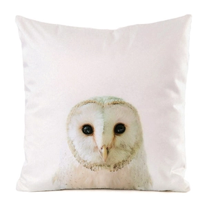 Close-up of realistic owl portrait printed on a soft white square decorative pillowcase