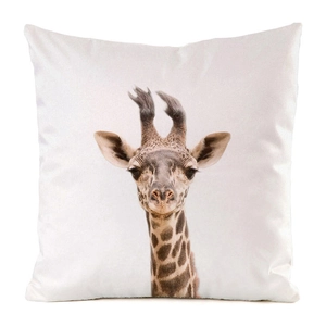 Macro detail of high-definition giraffe portrait print on white square cushion cover