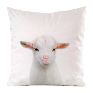 Close-up of cute white baby goat portrait on a silky decorative square sofa cushion
