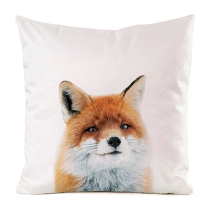 Detail of red fox portrait on a white faux silk cushion cover showing fabric texture