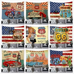 Arazzo American Retro Route 66 Auto d'Epoca Stazione di Servizio Appeso a Parete Poliestere Velluto Buccia di Pesca Sfondo Decorazione Casa