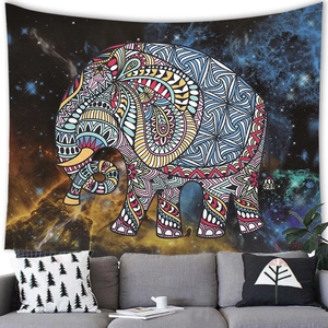 Detail of bohemian mandala elephant tapestry with starry nebula print on fabric