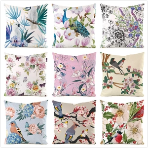 Pastoral Floral Bird Satin Cushion Cover Square Throw Pillow Case For Sofa Living Room Home Decorative Pillowcase