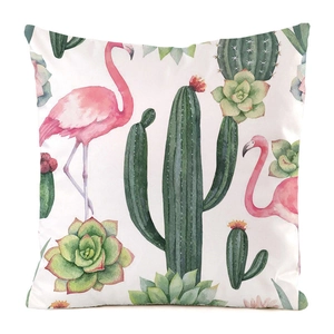 Detail of tropical watercolor flamingo and cactus pattern on white silk pillow cover