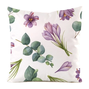 Detailed view of the purple floral and green leaves pattern on square cushion cover