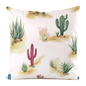 Detail of square cushion cover with watercolor cactus and succulent desert plant print