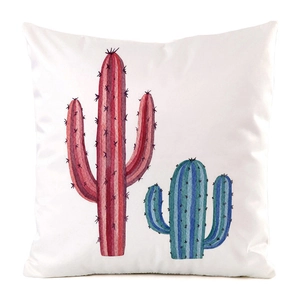 Close-up of watercolor cactus pattern on decorative white satin pillowcase