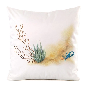 Detailed watercolor print of a blue lizard and succulent on white decorative pillowcase