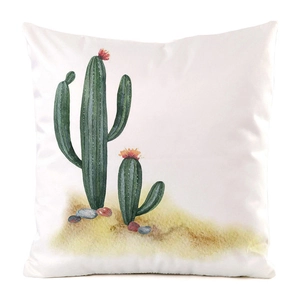 Detail of white square cushion cover with watercolor cactus and floral print