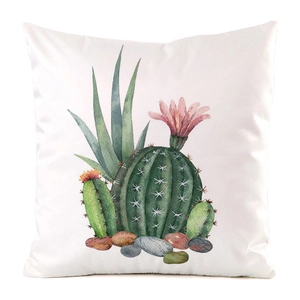 Detailed view of the watercolor cactus print on a silky square decorative pillowcase