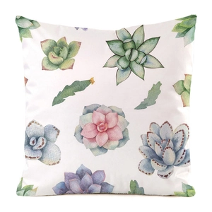 Detailed close-up of a white faux silk pillowcase with watercolor cactus plant patterns