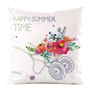 Détail de l'imprimé floral estival coloré et du thème jardinage sur la housse de coussin