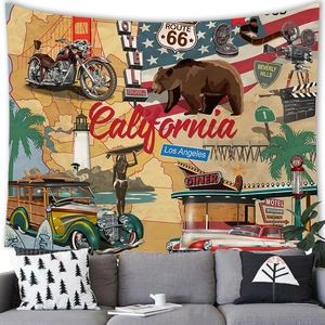 Tapisserie vintage Californie Route 66 avec motifs de voitures et pont rétro