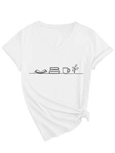 Close-up of white V-neck T-shirt with book and coffee cup print and side knot detail