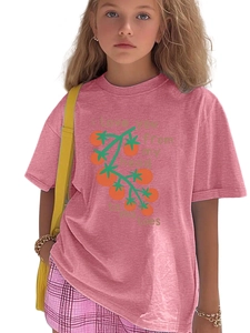 Close-up of pink cotton T-shirt featuring funny tomato print and graphic typography