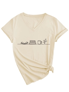 Detail of V-neck T-shirt showing minimalist book and coffee cup line art graphic print
