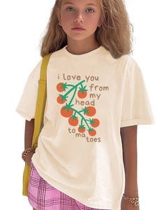 Detail of girls beige cotton t-shirt with tomato plant print and funny slogan
