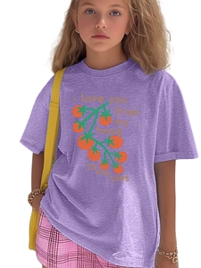 Close-up of kids purple cotton t-shirt with I love you from my head to tomatoes print
