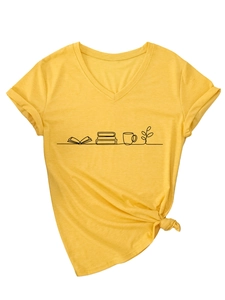 Detail of yellow V-neck T-shirt featuring book cup plant print and stylish hem knot