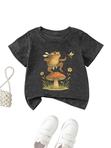 Detail of grey cotton blend kids t-shirt with kung fu frog and mushroom graphic print
