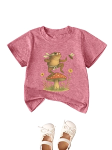 Short sleeve kids T-shirt with martial arts frog print and white bow princess shoes