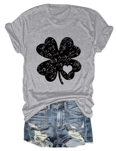 Detail of grey short sleeve T-shirt with vintage black heart clover print and denim shorts