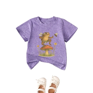 Kids' purple cotton T-shirt with kung fu frog on a mushroom and white lace shoes
