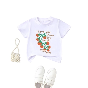 Kids white cotton T-shirt set with tomato print, mini pearl bag and white sneakers