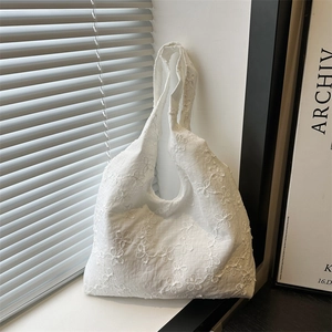 White floral lace canvas tote bag with embroidery, minimalist hobo shoulder bag for daily use