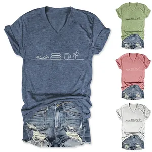 Women V Neck Short Sleeve T Shirt Casual Minimalist Line Art Book Coffee Cup Print Cotton Blend Loose Fit Top