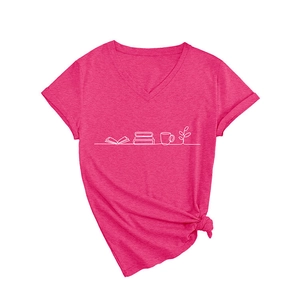 Women's V-neck rose red T-shirt featuring a minimalist book and cup line art print