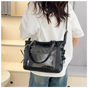 Grand sac cabas noir avec fenêtre PVC transparente et nœud décoratif sur l'épaule