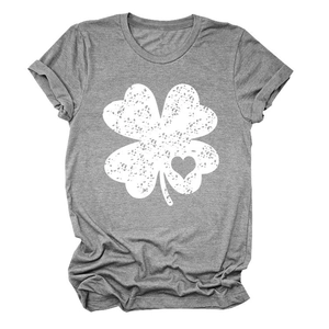 Detail of grey T-shirt featuring a distressed white clover print with heart cutout