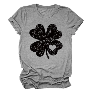 Detail of grey clover print t-shirt featuring a vintage distressed heart pattern texture