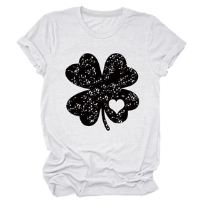 Detail of clover print with distressed heart design on white crew neck cotton T-shirt