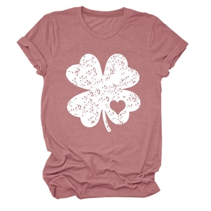 Detail of dusty rose T-shirt with white distressed clover print and heart cutout detail