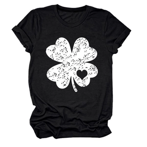 Detail of clover and heart distressed print on black crew neck short sleeve T-shirt