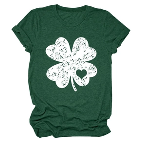 Close-up of forest green t-shirt with vintage clover heart print and rolled cuffs