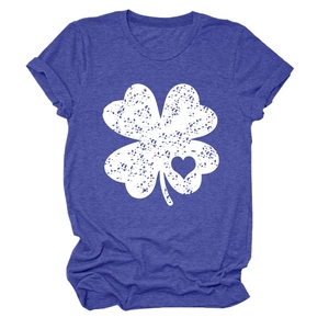 Detail view of the white clover and heart print on a casual purple cotton T-shirt