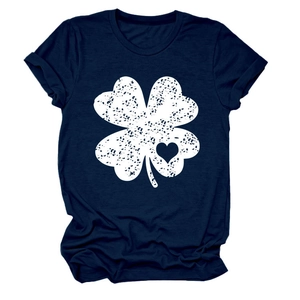 Detail of navy blue t-shirt featuring a white distressed clover and heart graphic
