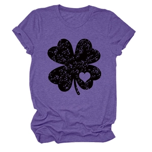 Close-up of purple heather fabric texture with black clover and heart print on a T-shirt