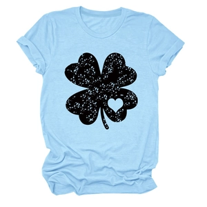 Detail of light blue cotton T-shirt featuring a distressed black four-leaf clover heart print