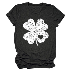 Detailed flat lay of a charcoal grey crew neck t-shirt with a vintage white clover print