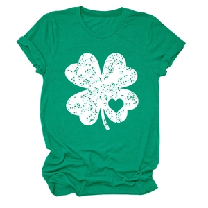 Detail of green round neck T-shirt featuring a distressed white clover heart graphic