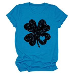Bright blue crewneck T-shirt with a vintage black four-leaf clover and heart design