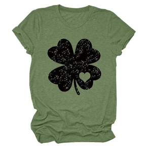 Close-up of grass green cotton T-shirt featuring a distressed black clover heart print