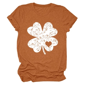 Detail of clover print with heart cutout on rust orange heather crew neck t-shirt