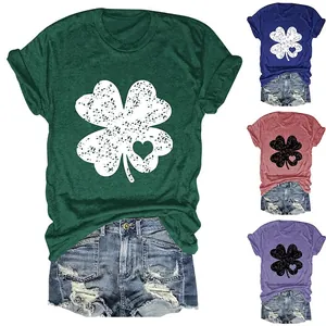 Women T-Shirt Distressed Shamrock Heart Clover Print Round Neck Short Sleeve Cotton Blend Casual St Patricks Day Top